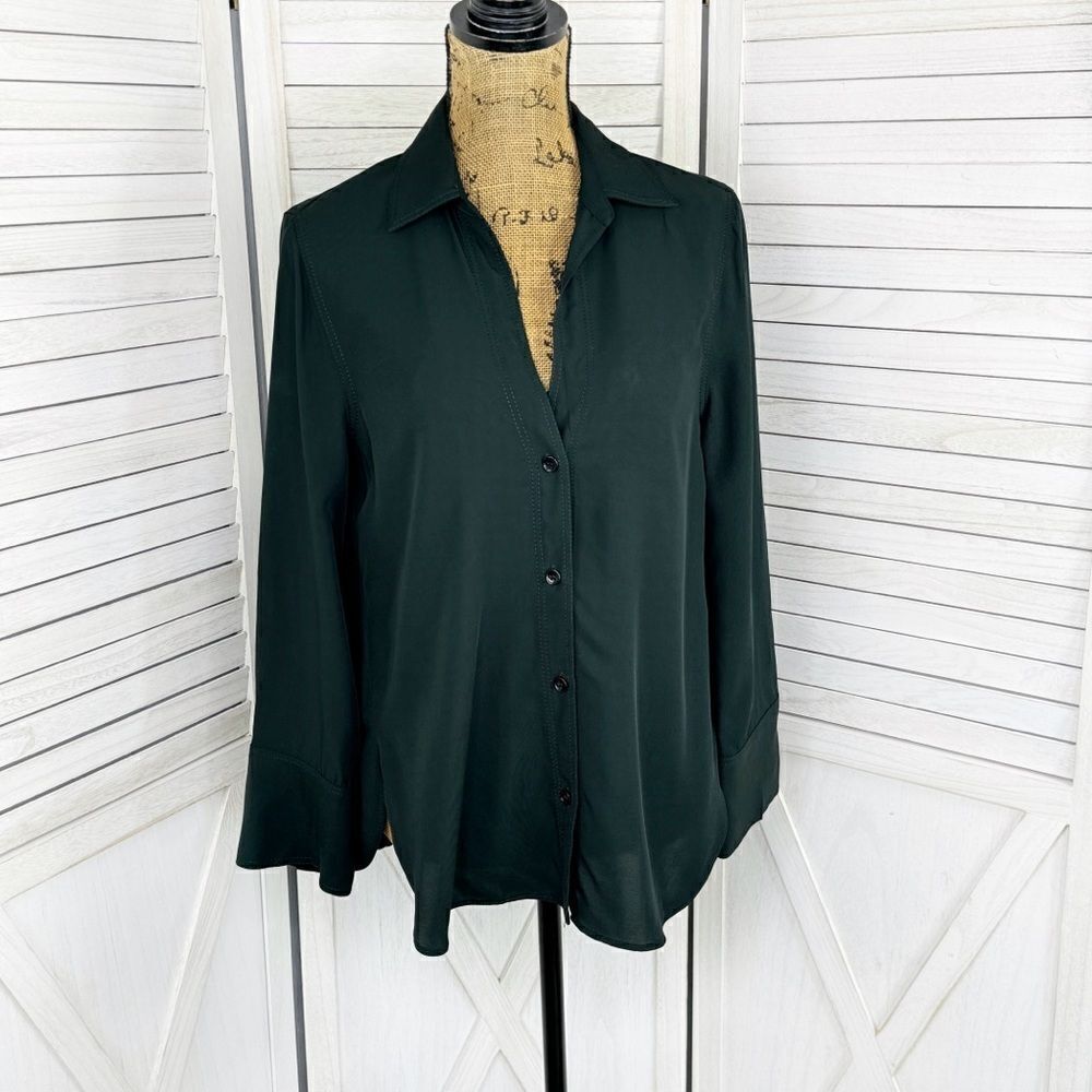 Zara V Neck‎ Button Front Shirt Blouse Dark Green Small Long Sleeve